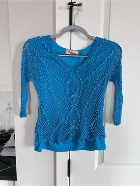 Vintage Feelings Blue Beaded Crochet Lace Top V-Neck 3/4 Sleeve Layered Blouse
